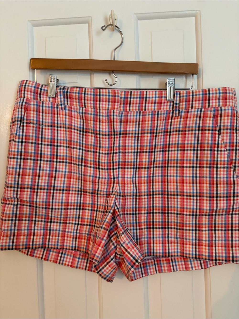 LOFT Pink Plaid Cotton Blend Bermuda Shorts